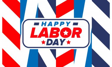 Mutlu İşçi Bayramı. Federal bayram, Amerika 'da yıllık kutlama. Amerikan işçi hareketi. Vatansever Amerikan unsurları. Poster, kart, afiş ve geçmiş. Vektör illüstrasyonu