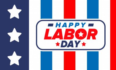 Mutlu İşçi Bayramı. Federal bayram, Amerika 'da yıllık kutlama. Amerikan işçi hareketi. Vatansever Amerikan unsurları. Poster, kart, afiş ve geçmiş. Vektör illüstrasyonu