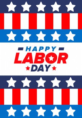 Mutlu İşçi Bayramı. Federal bayram, Amerika 'da yıllık kutlama. Amerikan işçi hareketi. Vatansever Amerikan unsurları. Poster, kart, afiş ve geçmiş. Vektör illüstrasyonu