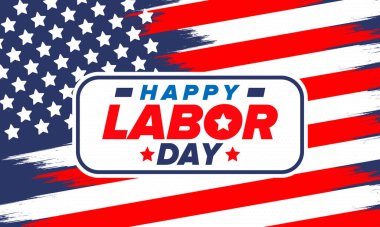 Mutlu İşçi Bayramı. Federal bayram, Amerika 'da yıllık kutlama. Amerikan işçi hareketi. Vatansever Amerikan unsurları. Poster, kart, afiş ve geçmiş. Vektör illüstrasyonu