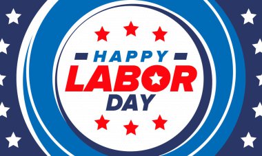 Mutlu İşçi Bayramı. Federal bayram, Amerika 'da yıllık kutlama. Amerikan işçi hareketi. Vatansever Amerikan unsurları. Poster, kart, afiş ve geçmiş. Vektör illüstrasyonu