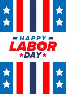 Mutlu İşçi Bayramı. Federal bayram, Amerika 'da yıllık kutlama. Amerikan işçi hareketi. Vatansever Amerikan unsurları. Poster, kart, afiş ve geçmiş. Vektör illüstrasyonu