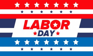 Mutlu İşçi Bayramı. Federal bayram, Amerika 'da yıllık kutlama. Amerikan işçi hareketi. Vatansever Amerikan unsurları. Poster, kart, afiş ve geçmiş. Vektör illüstrasyonu