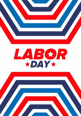 Mutlu İşçi Bayramı. Federal bayram, Amerika 'da yıllık kutlama. Amerikan işçi hareketi. Vatansever Amerikan unsurları. Poster, kart, afiş ve geçmiş. Vektör illüstrasyonu