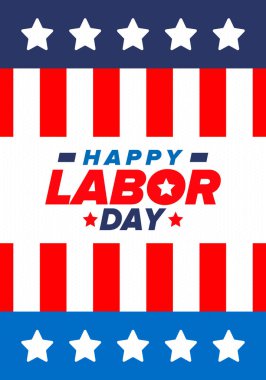 Mutlu İşçi Bayramı. Federal bayram, Amerika 'da yıllık kutlama. Amerikan işçi hareketi. Vatansever Amerikan unsurları. Poster, kart, afiş ve geçmiş. Vektör illüstrasyonu