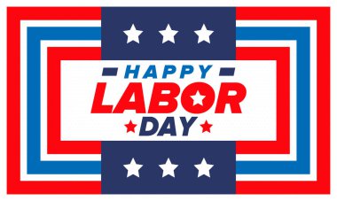 Mutlu İşçi Bayramı. Federal bayram, Amerika 'da yıllık kutlama. Amerikan işçi hareketi. Vatansever Amerikan unsurları. Poster, kart, afiş ve geçmiş. Vektör illüstrasyonu