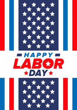 Mutlu İşçi Bayramı. Federal bayram, Amerika 'da yıllık kutlama. Amerikan işçi hareketi. Vatansever Amerikan unsurları. Poster, kart, afiş ve geçmiş. Vektör illüstrasyonu