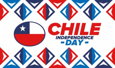 Şili Bağımsızlık Günü. Mutlu bayramlar Patrias. Özgürlük günü. Yıllığı 18 Eylül 'de kutlayın. Şili bayrağı. Vatansever Şili tasarımı. Poster, kart, afiş, şablon, geçmiş. Vektör