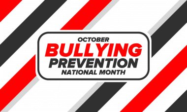 Ekim ayında Ulusal Zorbalık Önleme Ayı. Kabadayılığı bırak. Tüm gençlerin zorbalıktan korunması için yapılan yıllık kampanya. Turuncu renk. Poster, kart, afiş, geçmiş. Vektör illüstrasyonu