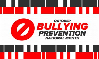 Ekim ayında Ulusal Zorbalık Önleme Ayı. Kabadayılığı bırak. Tüm gençlerin zorbalıktan korunması için yapılan yıllık kampanya. Turuncu renk. Poster, kart, afiş, geçmiş. Vektör illüstrasyonu