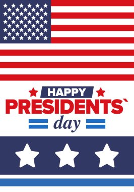 Birleşik Devletler 'de Başkanlık Günün kutlu olsun. Washington 'ın doğum günü. Amerika 'da federal tatil. Şubat 'ta kutlandı. Vatansever Amerikan unsurları. Poster, afiş ve arkaplan. Vektör illüstrasyonu