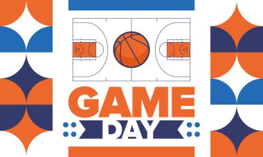 Maç günü. Mart ayında basketbol playoff 'u. Amerika 'da süper spor partisi. Sezon turnuvasının son maçları. Profesyonel takım şampiyonluğu. Basketbol topu. Spor afişi. Vektör