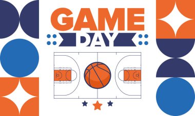 Maç günü. Mart ayında basketbol playoff 'u. Amerika 'da süper spor partisi. Sezon turnuvasının son maçları. Profesyonel takım şampiyonluğu. Basketbol topu. Spor afişi. Vektör