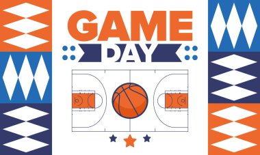 Maç günü. Mart ayında basketbol playoff 'u. Amerika 'da süper spor partisi. Sezon turnuvasının son maçları. Profesyonel takım şampiyonluğu. Basketbol topu. Spor afişi. Vektör