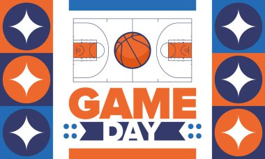 Maç günü. Mart ayında basketbol playoff 'u. Amerika 'da süper spor partisi. Sezon turnuvasının son maçları. Profesyonel takım şampiyonluğu. Basketbol topu. Spor afişi. Vektör