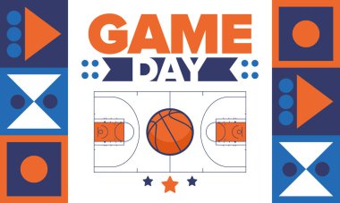 Maç günü. Mart ayında basketbol playoff 'u. Amerika 'da süper spor partisi. Sezon turnuvasının son maçları. Profesyonel takım şampiyonluğu. Basketbol topu. Spor afişi. Vektör