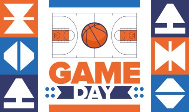 Maç günü. Mart ayında basketbol playoff 'u. Amerika 'da süper spor partisi. Sezon turnuvasının son maçları. Profesyonel takım şampiyonluğu. Basketbol topu. Spor afişi. Vektör