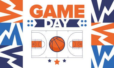 Maç günü. Mart ayında basketbol playoff 'u. Amerika 'da süper spor partisi. Sezon turnuvasının son maçları. Profesyonel takım şampiyonluğu. Basketbol topu. Spor afişi. Vektör