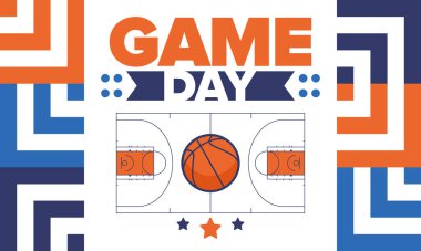 Maç günü. Mart ayında basketbol playoff 'u. Amerika 'da süper spor partisi. Sezon turnuvasının son maçları. Profesyonel takım şampiyonluğu. Basketbol topu. Spor afişi. Vektör