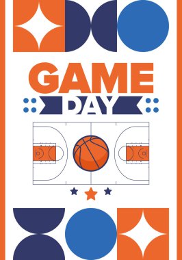 Maç günü. Mart ayında basketbol playoff 'u. Amerika 'da süper spor partisi. Sezon turnuvasının son maçları. Profesyonel takım şampiyonluğu. Basketbol topu. Spor afişi. Vektör