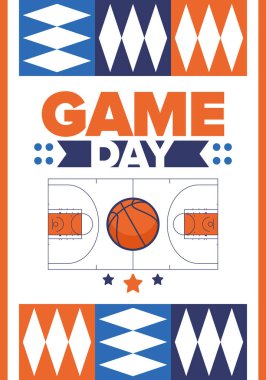 Maç günü. Mart ayında basketbol playoff 'u. Amerika 'da süper spor partisi. Sezon turnuvasının son maçları. Profesyonel takım şampiyonluğu. Basketbol topu. Spor afişi. Vektör