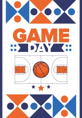 Maç günü. Mart ayında basketbol playoff 'u. Amerika 'da süper spor partisi. Sezon turnuvasının son maçları. Profesyonel takım şampiyonluğu. Basketbol topu. Spor afişi. Vektör