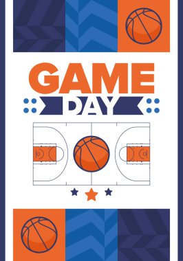 Maç günü. Mart ayında basketbol playoff 'u. Amerika 'da süper spor partisi. Sezon turnuvasının son maçları. Profesyonel takım şampiyonluğu. Basketbol topu. Spor afişi. Vektör
