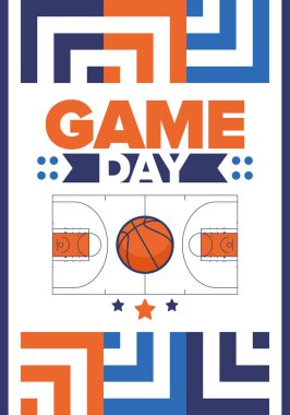 Maç günü. Mart ayında basketbol playoff 'u. Amerika 'da süper spor partisi. Sezon turnuvasının son maçları. Profesyonel takım şampiyonluğu. Basketbol topu. Spor afişi. Vektör