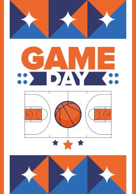 Maç günü. Mart ayında basketbol playoff 'u. Amerika 'da süper spor partisi. Sezon turnuvasının son maçları. Profesyonel takım şampiyonluğu. Basketbol topu. Spor afişi. Vektör