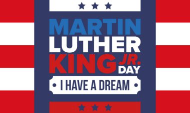 Martin Luther King, Jr. Günü. Ocak ayında Amerika 'da yıllık kutlama, federal bayram. Afrikalı Amerikan Hakları Savaşçısı. Vatansever Amerikan unsurları. Poster, kart, afiş, geçmiş. Vektör