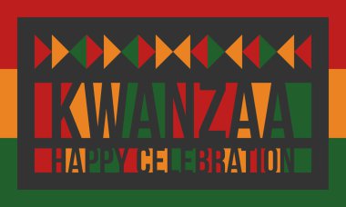 Kwanzaa Mutlu Kutlamalar. Afro-Amerikan kültür bayramı. Yedi gün festival, 26 Aralık 'tan 1 Ocak' a kadar yıllık kutlama. Siyah tarih. Poster, kart, afiş ve geçmiş. Vektör