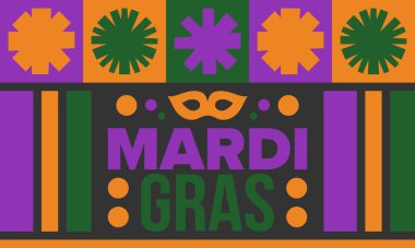 New Orleans 'taki Mardi Gras Karnavalı. Şişman Salı. Geleneksel bayram, yıllık kutlama. Halk festivali, kostüm maskesi, eğlence partisi. Karnaval maskesi. Poster, kart, afiş ve geçmiş. Vektör
