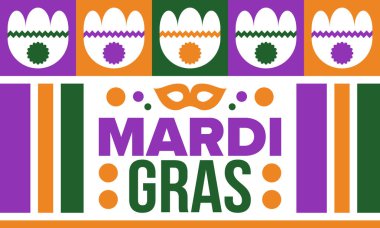New Orleans 'taki Mardi Gras Karnavalı. Şişman Salı. Geleneksel bayram, yıllık kutlama. Halk festivali, kostüm maskesi, eğlence partisi. Karnaval maskesi. Poster, kart, afiş ve geçmiş. Vektör