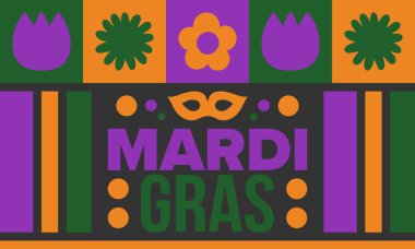 New Orleans 'taki Mardi Gras Karnavalı. Şişman Salı. Geleneksel bayram, yıllık kutlama. Halk festivali, kostüm maskesi, eğlence partisi. Karnaval maskesi. Poster, kart, afiş ve geçmiş. Vektör