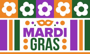 New Orleans 'taki Mardi Gras Karnavalı. Şişman Salı. Geleneksel bayram, yıllık kutlama. Halk festivali, kostüm maskesi, eğlence partisi. Karnaval maskesi. Poster, kart, afiş ve geçmiş. Vektör