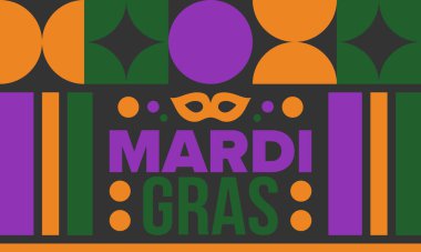 New Orleans 'taki Mardi Gras Karnavalı. Şişman Salı. Geleneksel bayram, yıllık kutlama. Halk festivali, kostüm maskesi, eğlence partisi. Karnaval maskesi. Poster, kart, afiş ve geçmiş. Vektör