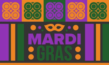 New Orleans 'taki Mardi Gras Karnavalı. Şişman Salı. Geleneksel bayram, yıllık kutlama. Halk festivali, kostüm maskesi, eğlence partisi. Karnaval maskesi. Poster, kart, afiş ve geçmiş. Vektör