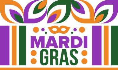 New Orleans 'taki Mardi Gras Karnavalı. Şişman Salı. Geleneksel bayram, yıllık kutlama. Halk festivali, kostüm maskesi, eğlence partisi. Karnaval maskesi. Poster, kart, afiş ve geçmiş. Vektör