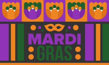 New Orleans 'taki Mardi Gras Karnavalı. Şişman Salı. Geleneksel bayram, yıllık kutlama. Halk festivali, kostüm maskesi, eğlence partisi. Karnaval maskesi. Poster, kart, afiş ve geçmiş. Vektör