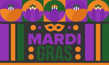 New Orleans 'taki Mardi Gras Karnavalı. Şişman Salı. Geleneksel bayram, yıllık kutlama. Halk festivali, kostüm maskesi, eğlence partisi. Karnaval maskesi. Poster, kart, afiş ve geçmiş. Vektör