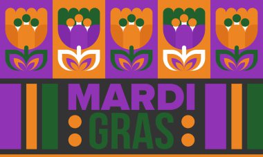New Orleans 'taki Mardi Gras Karnavalı. Şişman Salı. Geleneksel bayram, yıllık kutlama. Halk festivali, kostüm maskesi, eğlence partisi. Karnaval maskesi. Poster, kart, afiş ve geçmiş. Vektör