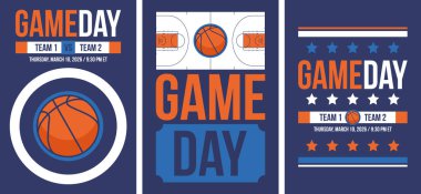 Maç günü. Mart ayında basketbol playoff 'u. Amerika 'da süper spor partisi. Sezon turnuvasının son maçları. Profesyonel takım şampiyonluğu. Basketbol topu. Spor afişi. Vektör