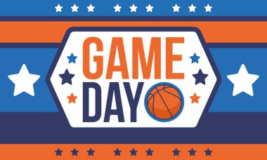 Maç günü. Mart ayında basketbol playoff 'u. Amerika 'da süper spor partisi. Sezon turnuvasının son maçları. Profesyonel takım şampiyonluğu. Basketbol topu. Spor afişi. Vektör