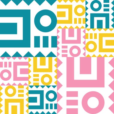 Güzel geometrik arka plan. Farklı şekillerde şekiller. Kabile formu. Çiçekler. Geometrik tasarım. Yaratıcı dokular. Renkli sanat. Modern grafik posteri. Retro renk. Vektör illüstrasyonu