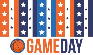 Maç günü. Mart ayında basketbol playoff 'u. Amerika 'da süper spor partisi. Sezon turnuvasının son maçları. Profesyonel takım şampiyonluğu. Basketbol topu. Spor afişi. Vektör