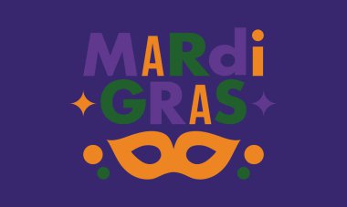 New Orleans 'taki Mardi Gras Karnavalı. Şişman Salı. Geleneksel bayram, yıllık kutlama. Halk festivali, kostüm maskesi, eğlence partisi. Karnaval maskesi. Poster, kart, afiş ve geçmiş. Vektör