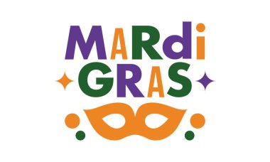 New Orleans 'taki Mardi Gras Karnavalı. Şişman Salı. Geleneksel bayram, yıllık kutlama. Halk festivali, kostüm maskesi, eğlence partisi. Karnaval maskesi. Poster, kart, afiş ve geçmiş. Vektör