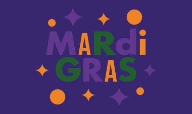 New Orleans 'taki Mardi Gras Karnavalı. Şişman Salı. Geleneksel bayram, yıllık kutlama. Halk festivali, kostüm maskesi, eğlence partisi. Karnaval maskesi. Poster, kart, afiş ve geçmiş. Vektör