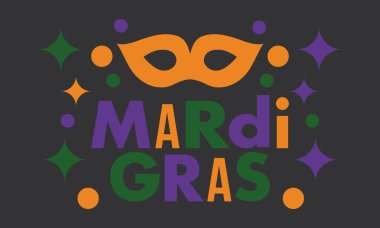 New Orleans 'taki Mardi Gras Karnavalı. Şişman Salı. Geleneksel bayram, yıllık kutlama. Halk festivali, kostüm maskesi, eğlence partisi. Karnaval maskesi. Poster, kart, afiş ve geçmiş. Vektör