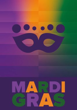 New Orleans 'taki Mardi Gras Karnavalı. Şişman Salı. Geleneksel bayram, yıllık kutlama. Halk festivali, kostüm maskesi, eğlence partisi. Karnaval maskesi. Poster, kart, afiş ve geçmiş. Vektör